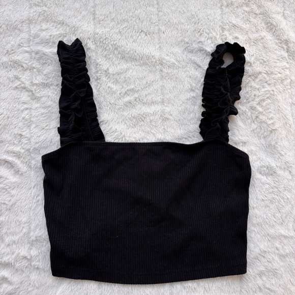 Aritzia Tops - Aritzia Sunday Best Black Ribbed Ruffle Strap Crop Top Size S